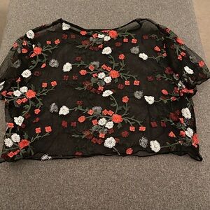 SHEIN Black Sheer Top with Red and White Floral Embroidery